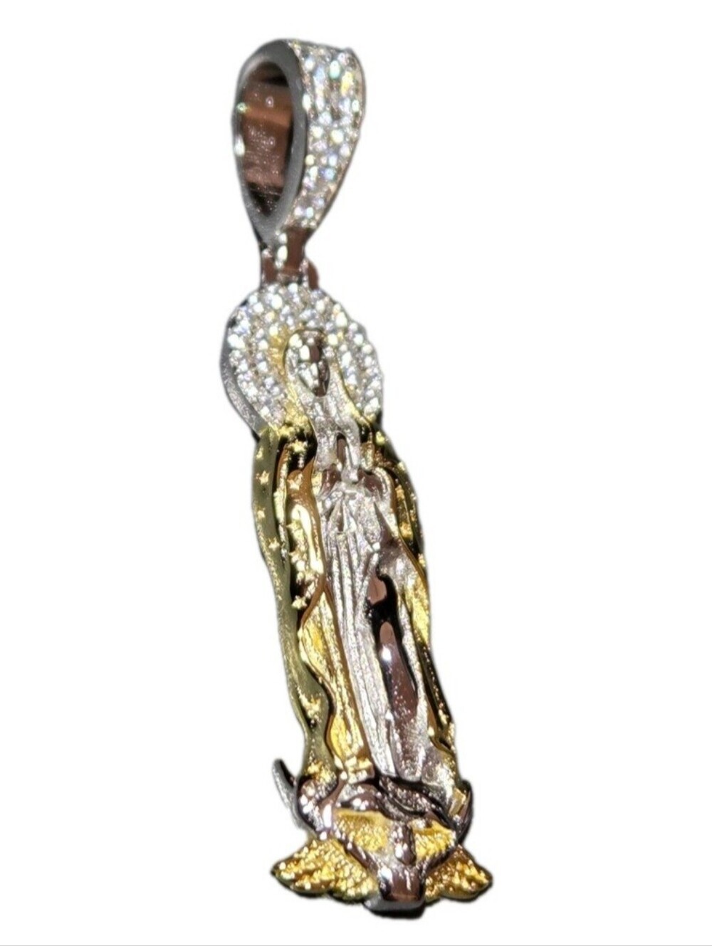 14k Gold Vermeil MOISSANITE Virgin Mary Pendant Over 925 Silver NEW - Picture 7 of 10